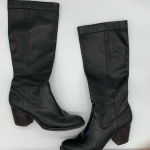 Frye black pull on leather tall heeled boots